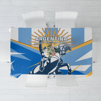 Patriotic blue tablecloth with Argentina banner, sun rays, and warrior figures
