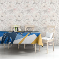 Blue tablecloth with Argentina design and gold corner drape on dining set