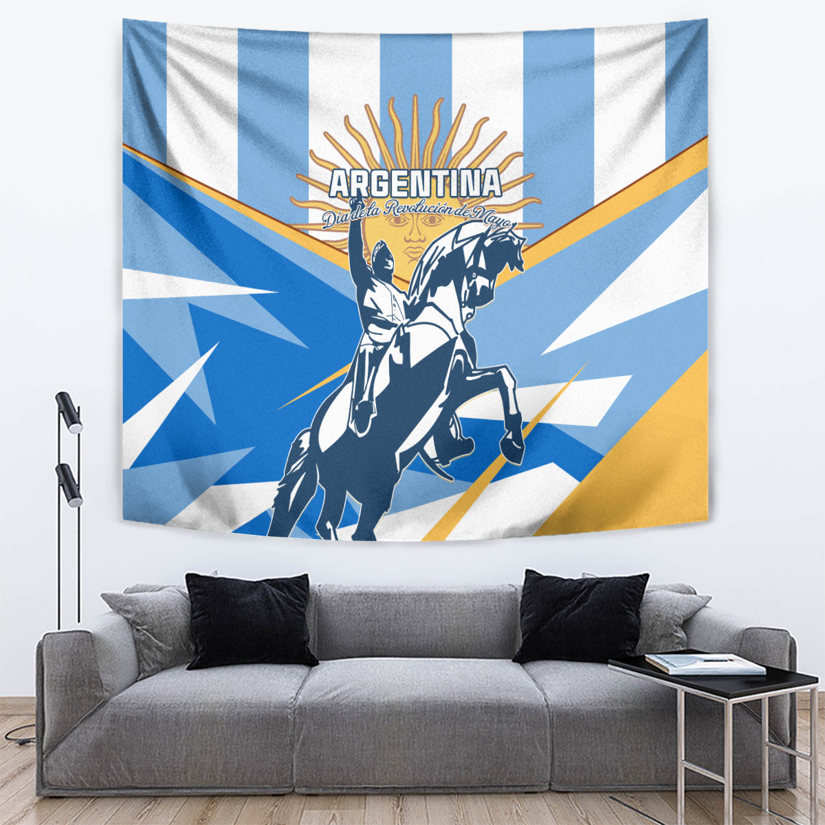 Blue Argentina tapestry with white stripes, warrior silhouette, sun rays, and gold diagonal band