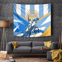 Blue and white Argentina warrior tapestry with sun rays crest and golden diagonal stripes