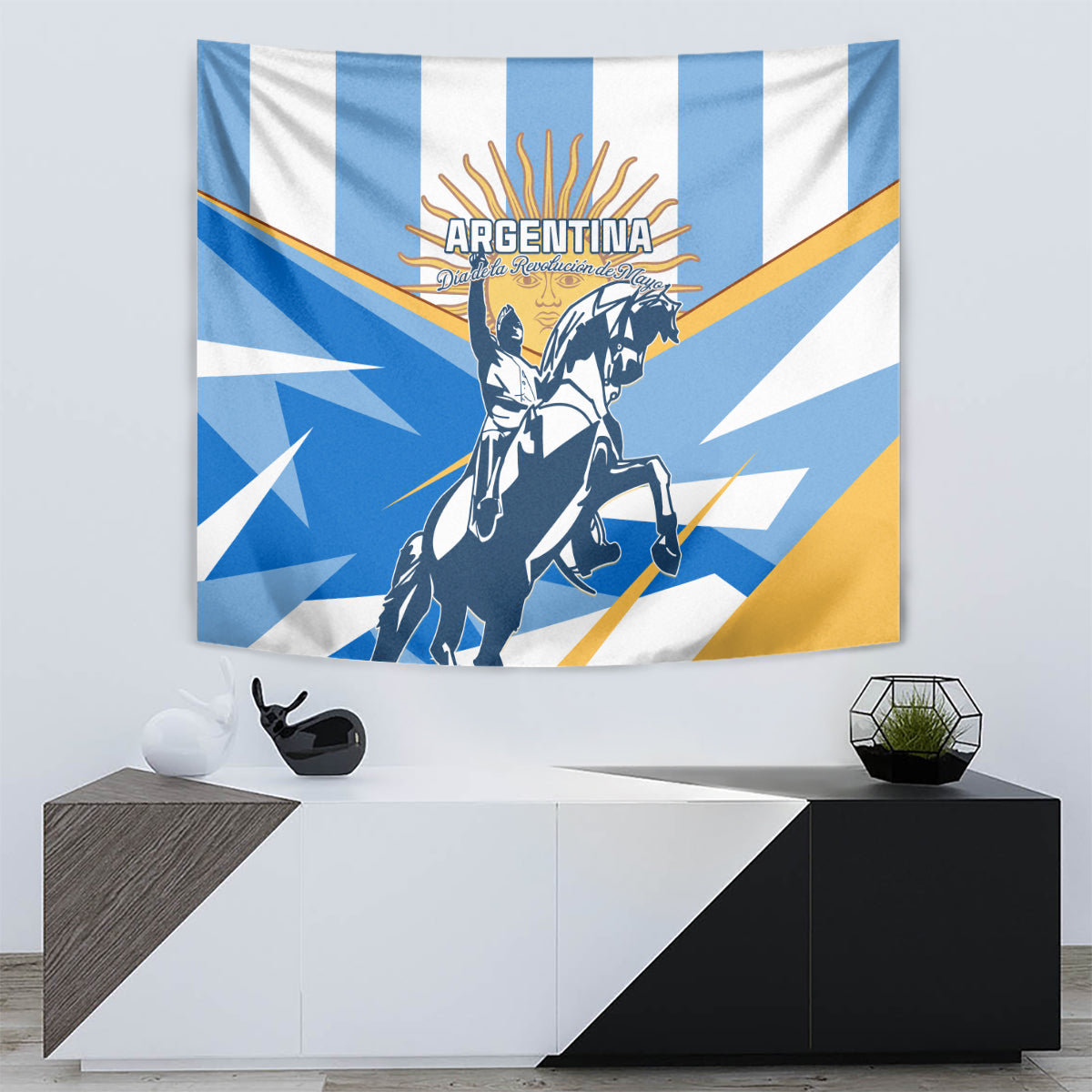 Argentina blue-and-white tapestry featuring a warrior figure, sunburst crest, and gold accents