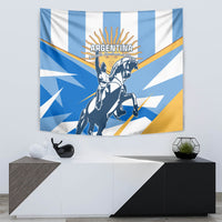 Argentina blue-and-white tapestry featuring a warrior figure, sunburst crest, and gold accents