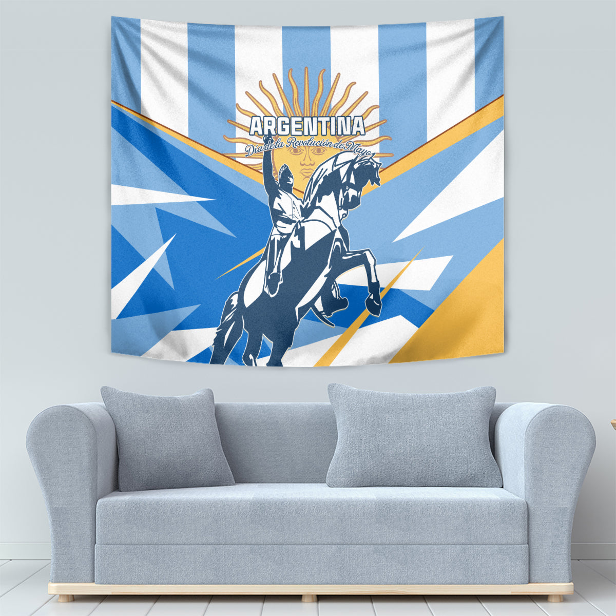 Blue and white Argentina revolution tapestry with warrior artwork, sun rays, and gold trim