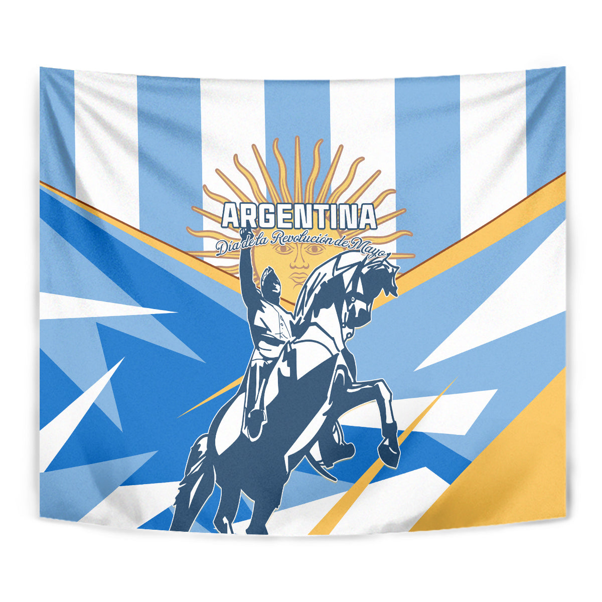 Argentina blue tapestry with warrior portrait, sunburst emblem, and golden diagonal accents