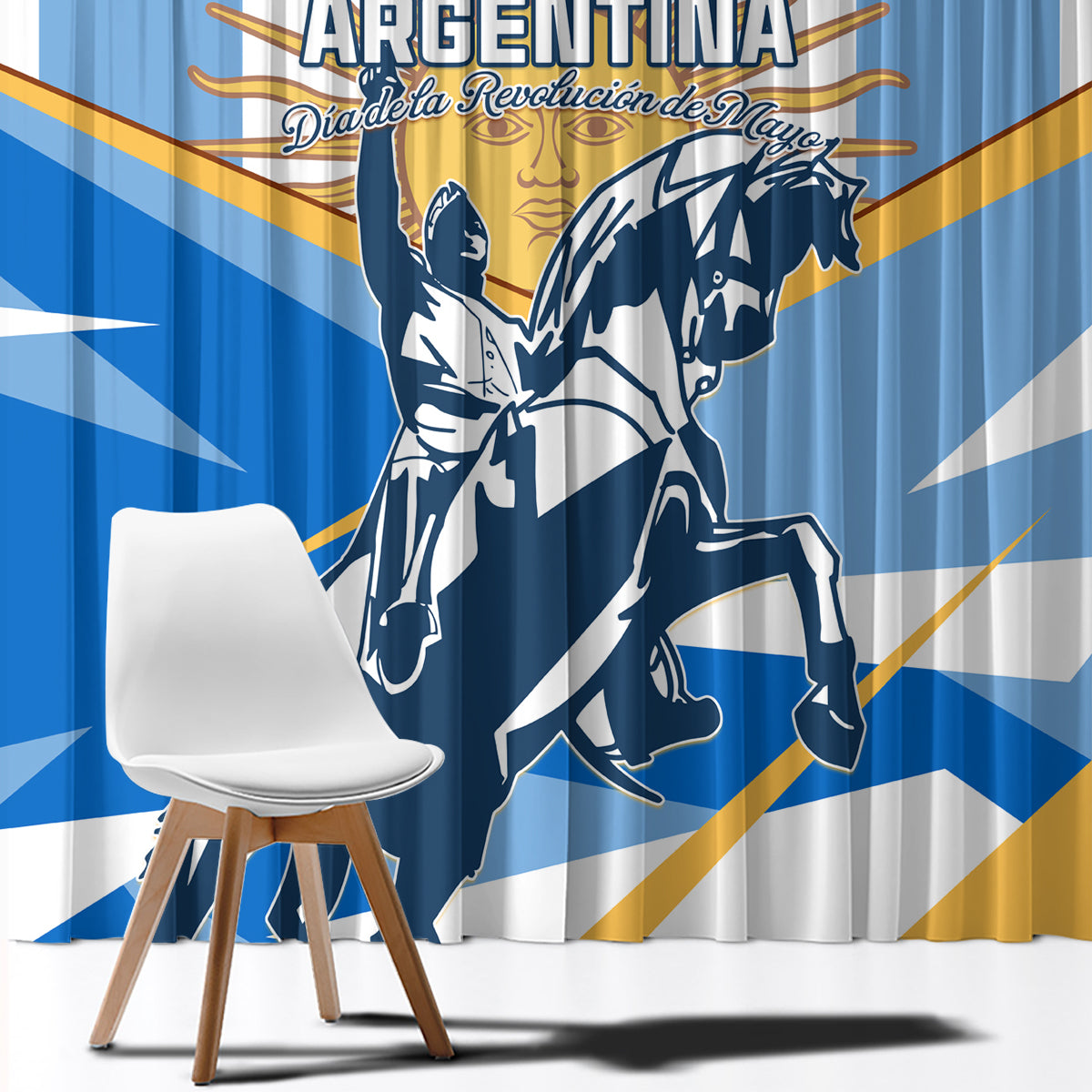 Argentina Revolution Day window curtain with blue-and-white warrior horse print and gold accents
