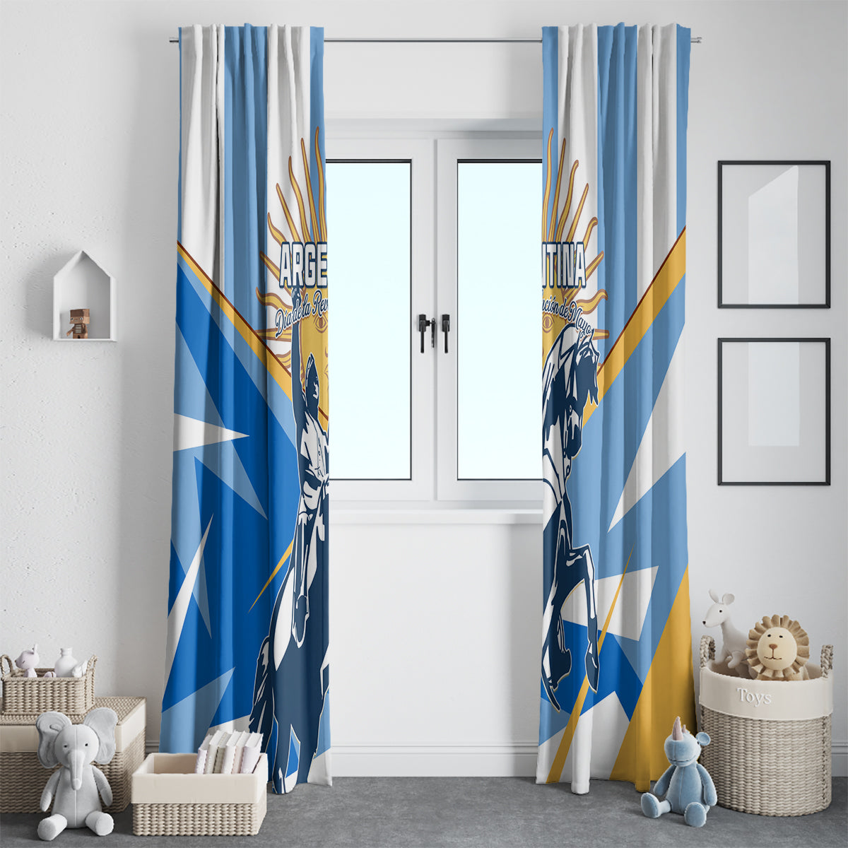 Argentina Revolution Day window curtain with blue-and-white warrior horse artwork, hanging on both sides