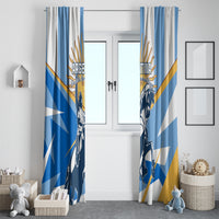 Argentina Revolution Day window curtain with blue-and-white warrior horse artwork, hanging on both sides