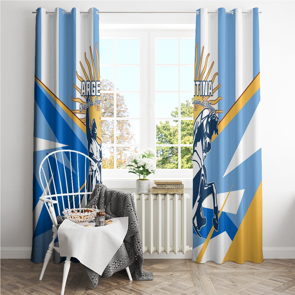 Argentina Revolution Day window curtain set with blue-and-white warrior horse design and gold accents