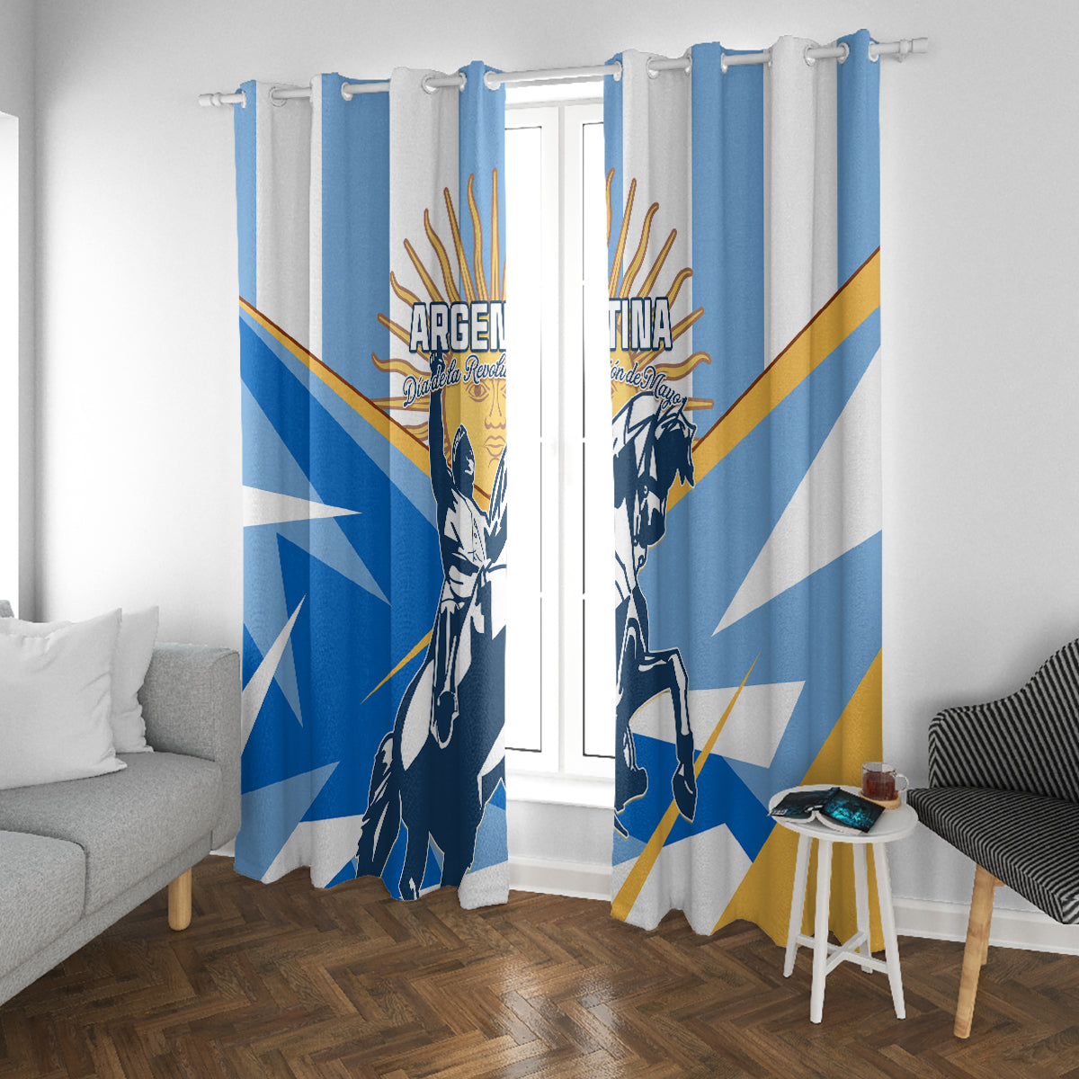 Argentina Revolution Day window curtain panels, blue-and-white warrior print with gold stripe detail