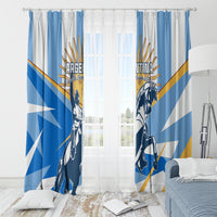 Argentina Revolution Day window curtain set with blue-and-white warrior horse artwork and gold diagonal stripes