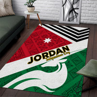 Folk-style Jordan area rug with red, green, white panels, black chevron, and Jordan text