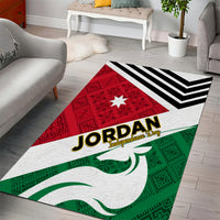 Jordan area rug with red triangle, black stripes, green corner, large 'JORDAN' lettering