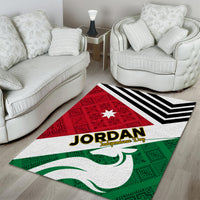 Jordan Independence Day area rug with red-and-green folk pattern, white border, black chevrons