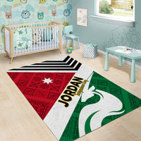 Jordan area rug with red center, green sides, white horse graphic, and Jordan text