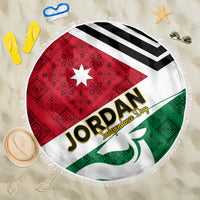Round beach blanket with tassels, Jordan Independence Day flag graphic, red black green white