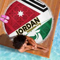 Round beach blanket with tassels, Jordan Independence Day flag graphic, red black green