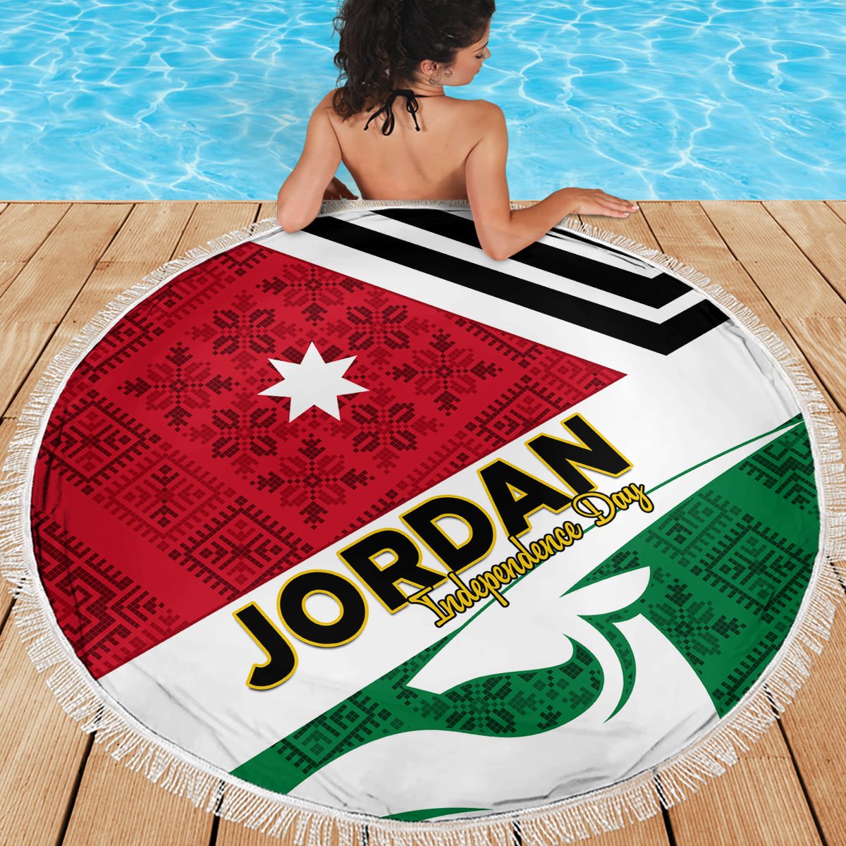 Round beach blanket with tassels, Jordan Independence Day design, red white green