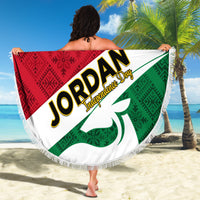 Round beach blanket with tassels, Jordan Independence Day flag artwork, red green white