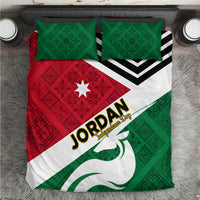 Bedding set with green, red, and white Jordan flag pattern and matching pillowcases