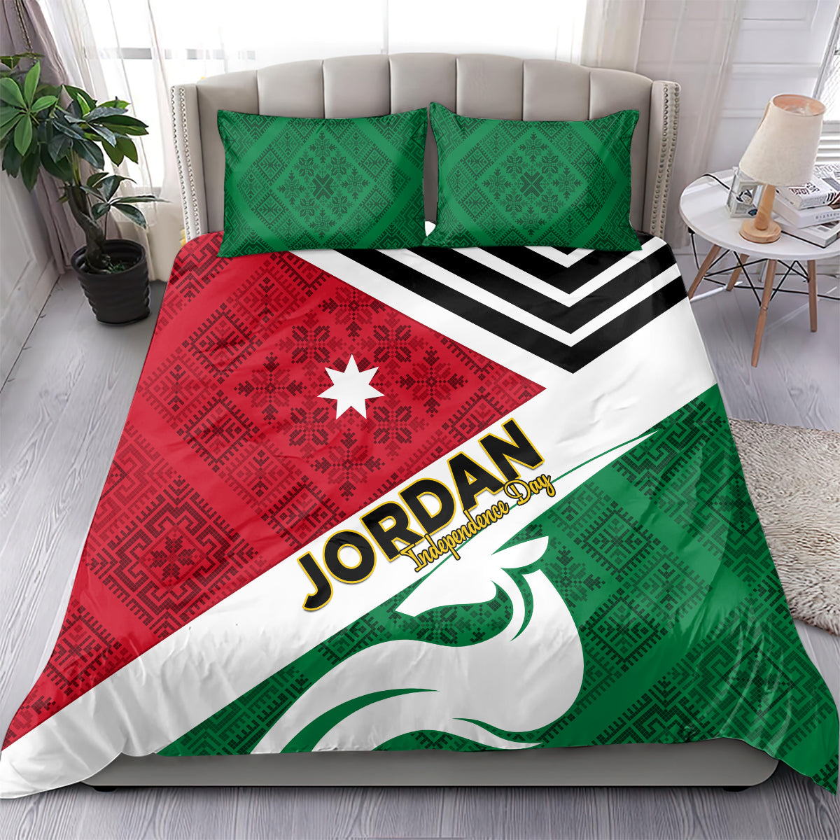 Jordan flag-style duvet cover set with green and red geometric patterns, two pillowcases