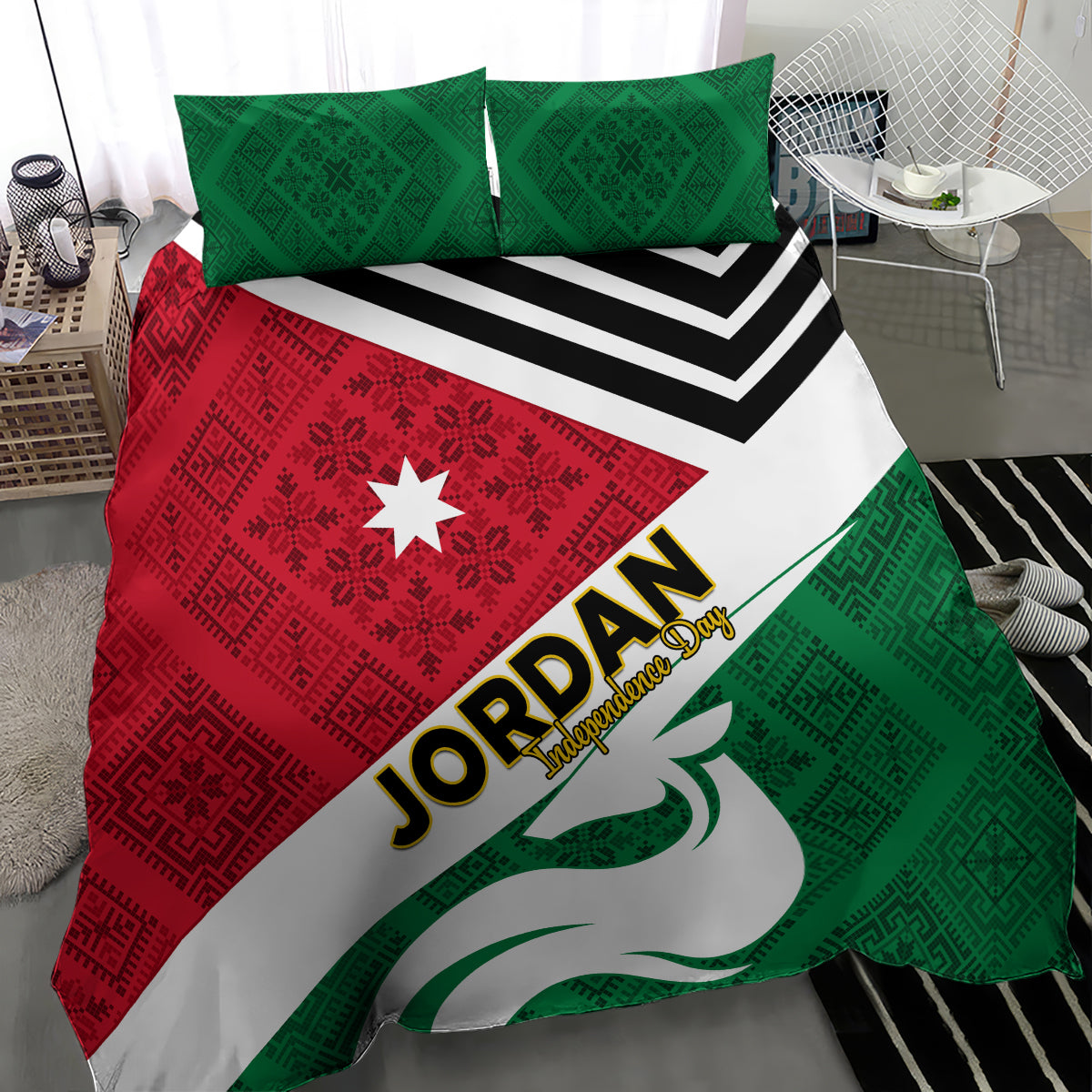 Jordan Independence Day bedding set featuring green and red flag design with two pillowcases