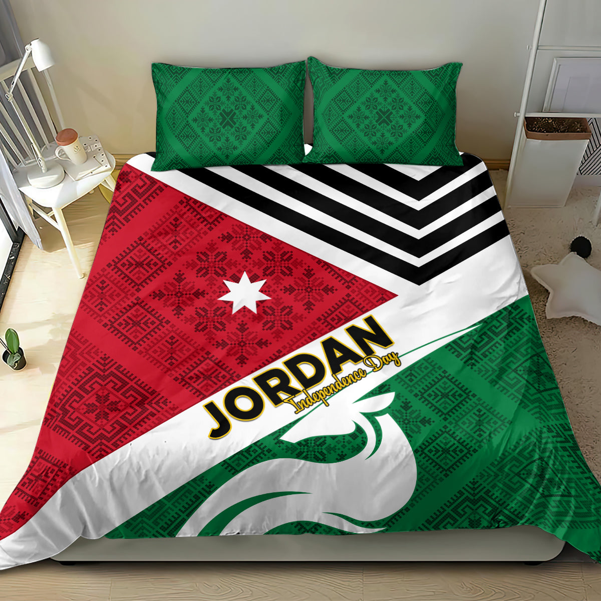Bed quilt set with Jordan flag pattern, green and red blocks, and two matching pillowcases