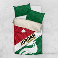 Jordan flag bedding set with green pillowcases and red-white duvet with bold Jordan text
