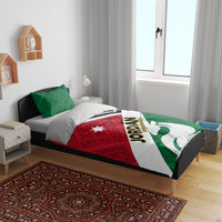 Jordan flag-style bedding set on bed with white base, red panel, and green pillowcases
