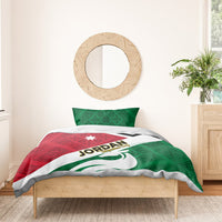 Jordan flag duvet set with red-and-green design, white stripe, and two green pillowcases