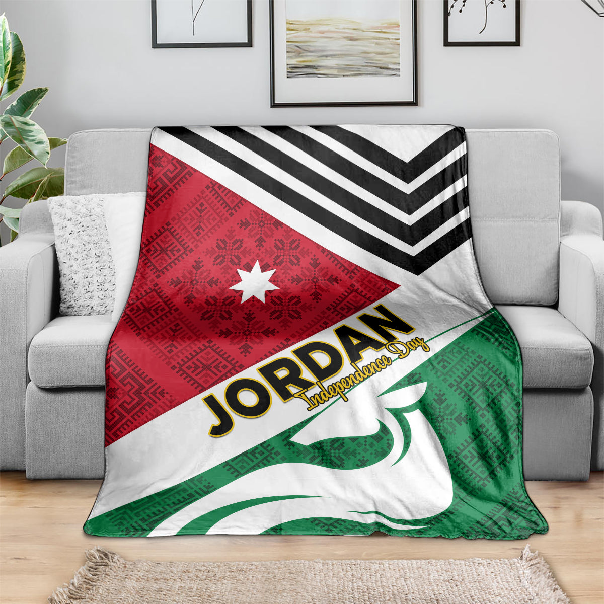 Jordan folk pattern throw blanket draped over couch with red star triangle and green emblem