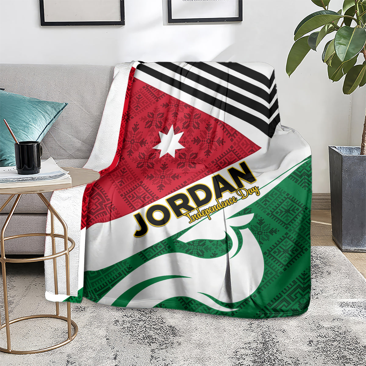 Jordan folk pattern blanket over armchair with red star triangle, black stripes, green emblem