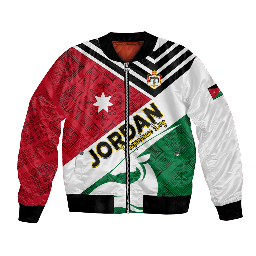 Colorblock bomber jacket with red/white/green folk pattern and front zip