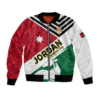 Colorblock bomber jacket with red/white/green folk pattern and front zip