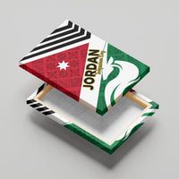 Jordan-themed canvas wall art overhead view on stretcher showing red star, green dove, and chevrons