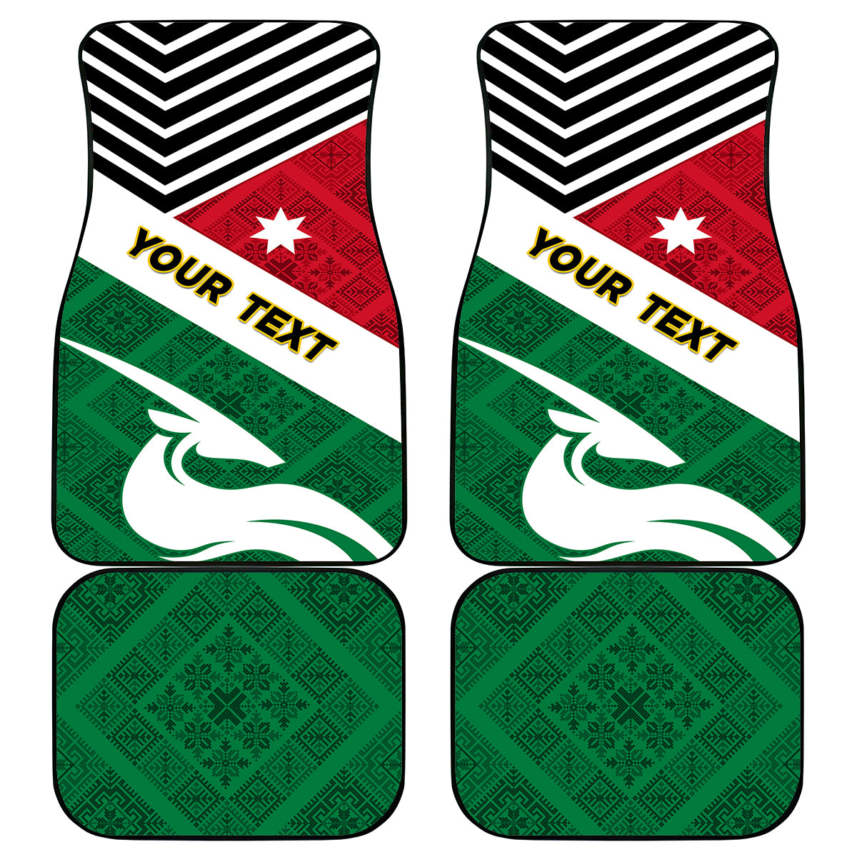 Car floor mats set of 4 with green-red-white folk flag designs and black chevrons