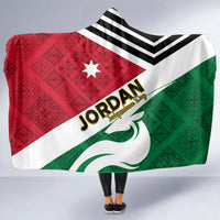Hooded blanket with Jordan logo and star, red, white, green folk patterns, striped hood