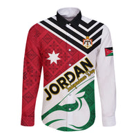 Long sleeve button shirt with Jordan-themed flag print, red/green/white, black collar
