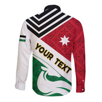 Long sleeve button shirt back with red/green/white flag print and black chevron stripes