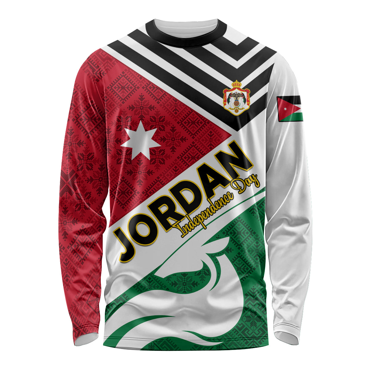 Unisex long sleeve shirt with red, white, and green diagonal flag pattern and black chevrons