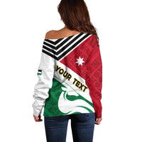 Off-shoulder sweater, striped yoke and Jordan flag-style red/white/green back print