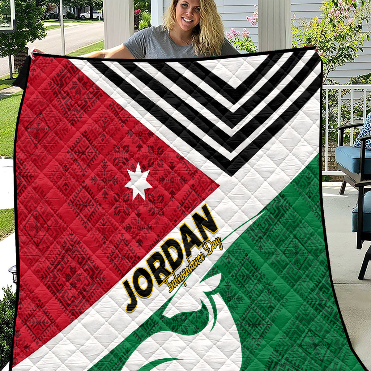 Jordan Independence Day quilt with red, white, green flag design, black chevrons, star, JORDAN