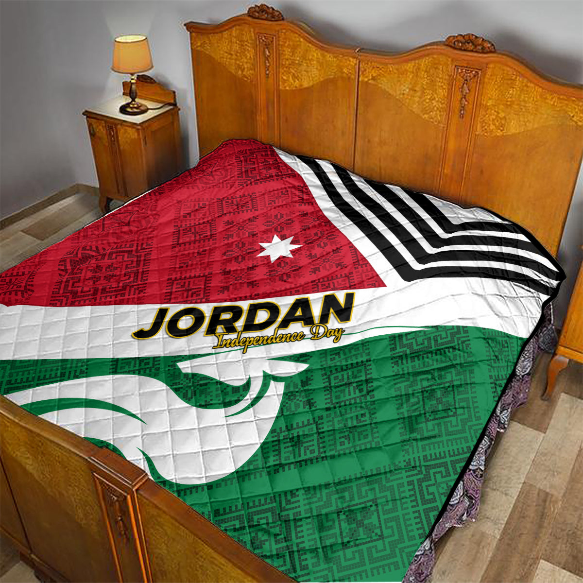 Jordan Independence Day quilt on bed, red/green flag blocks, black stripes, star, JORDAN