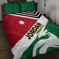 Jordan flag quilt bed set with red, white, and green panels; black stripe accents