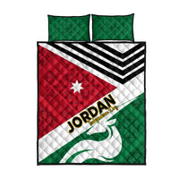 Quilt bed set with red, white, and green flag design, two green pillows