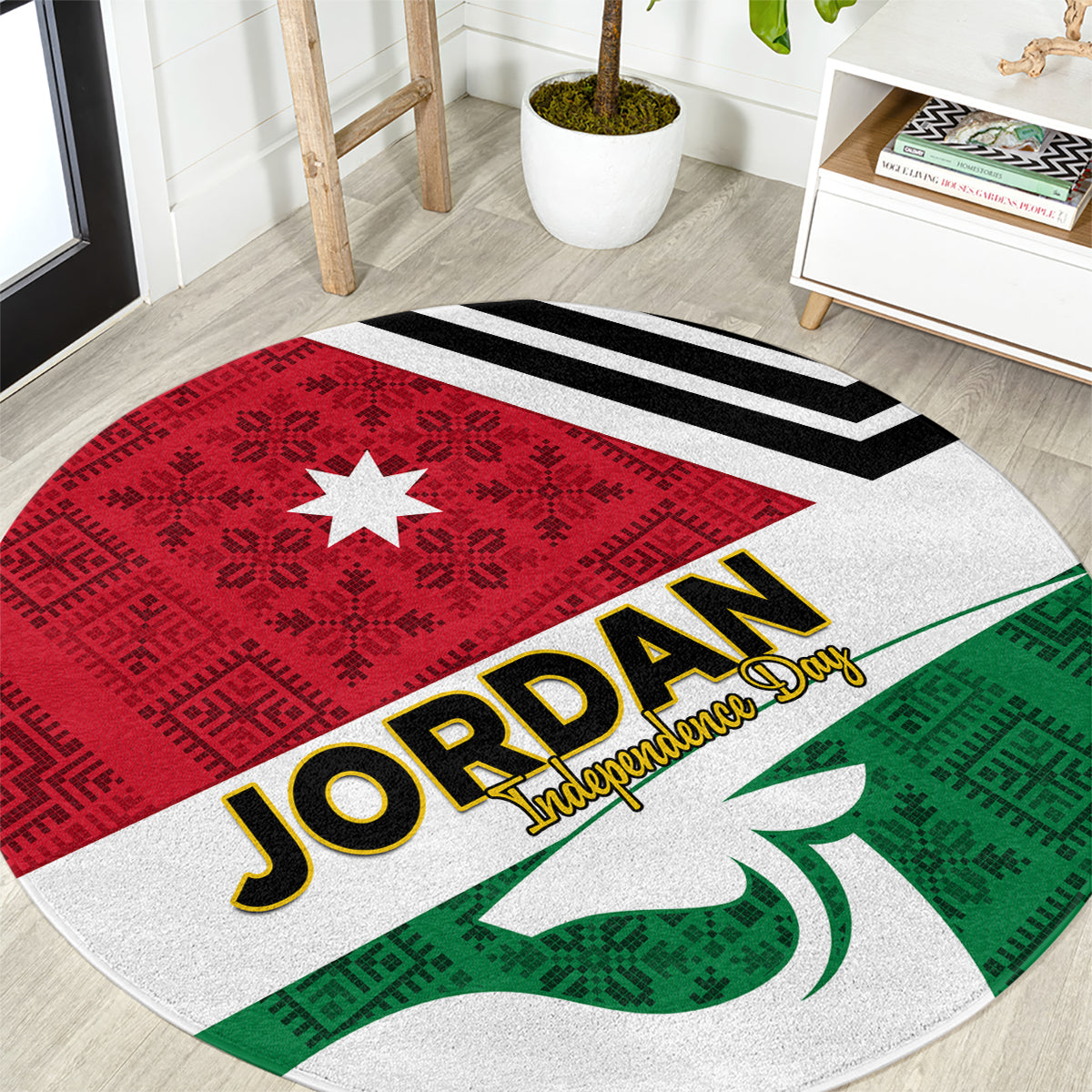 Round rug with red, green, white folk pattern, black chevron stripe, Jordan text