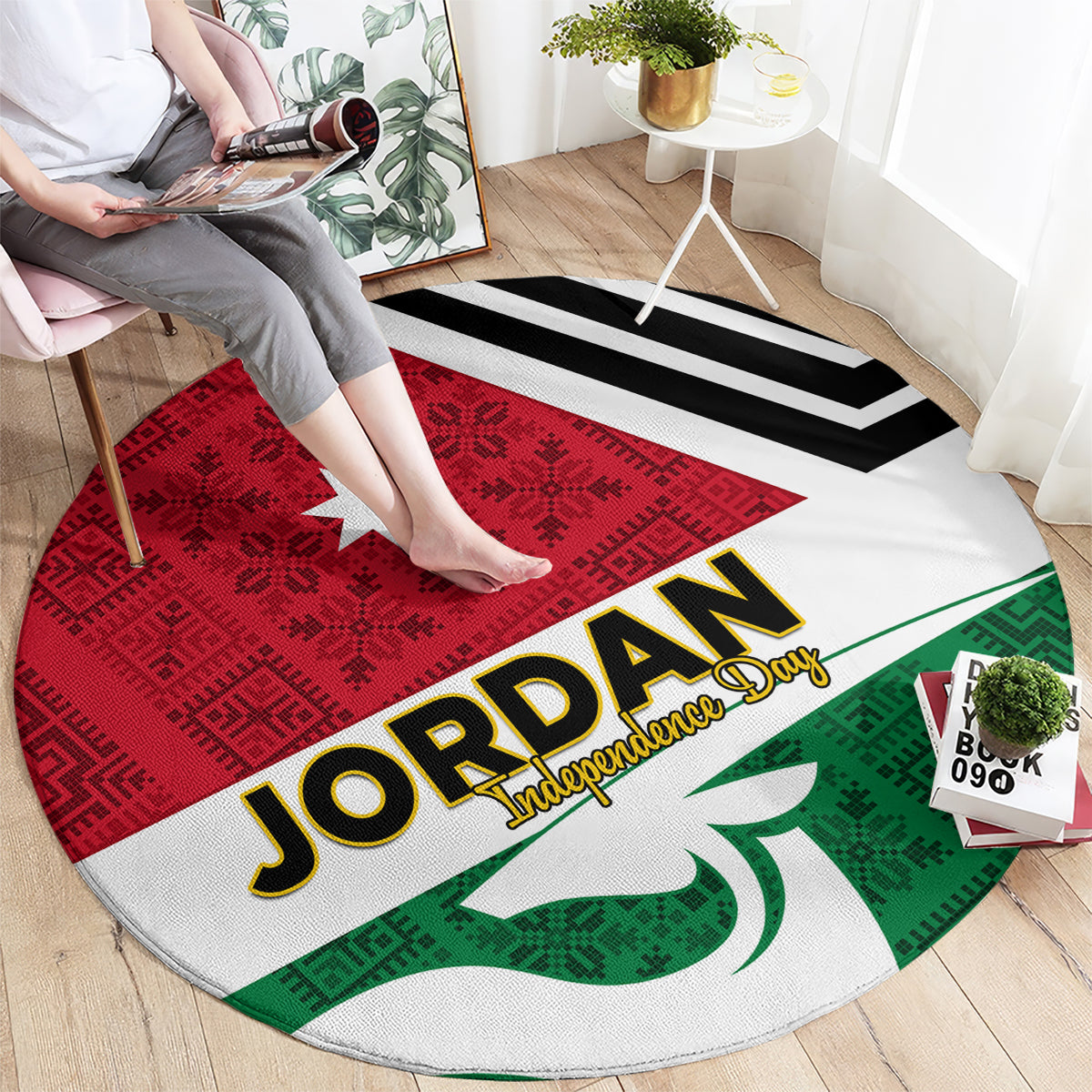 Round rug with Jordan Independence Day design; red folk panel, green motif, black stripe