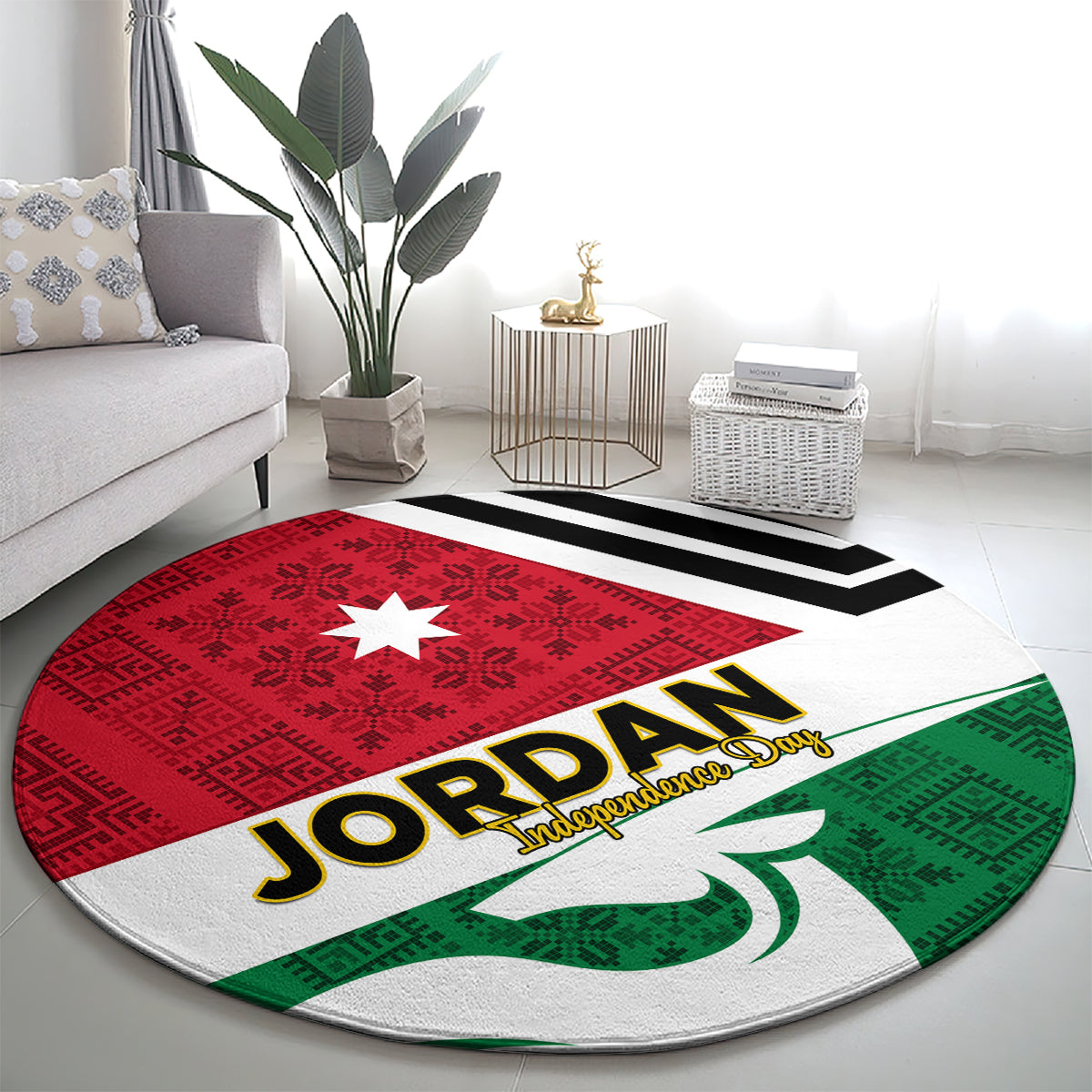 Round rug with red star panel and Jordan Independence Day text; green leaf motif