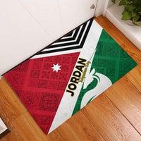 Triangular-pattern rubber doormat with red, green, white stripes, star, and 'Jordan' text.