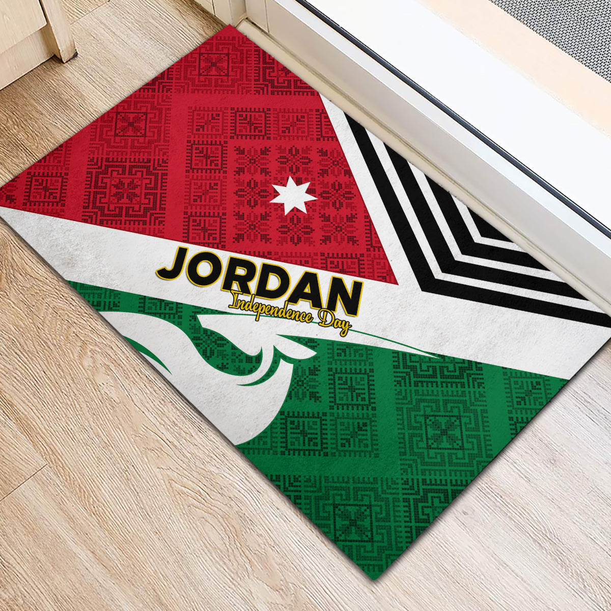 Rubber doormat with red and green sections, white band, black chevrons, and Jordan logo.