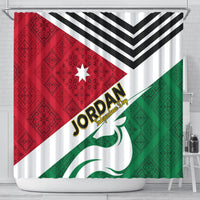 Jordan Independence Day shower curtain with bold red and green flag motif and white rings